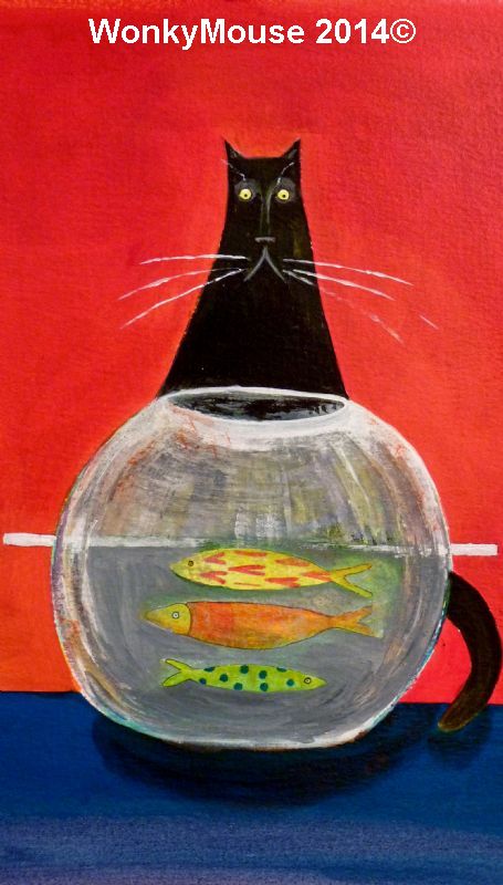 black cat with fish in bowl